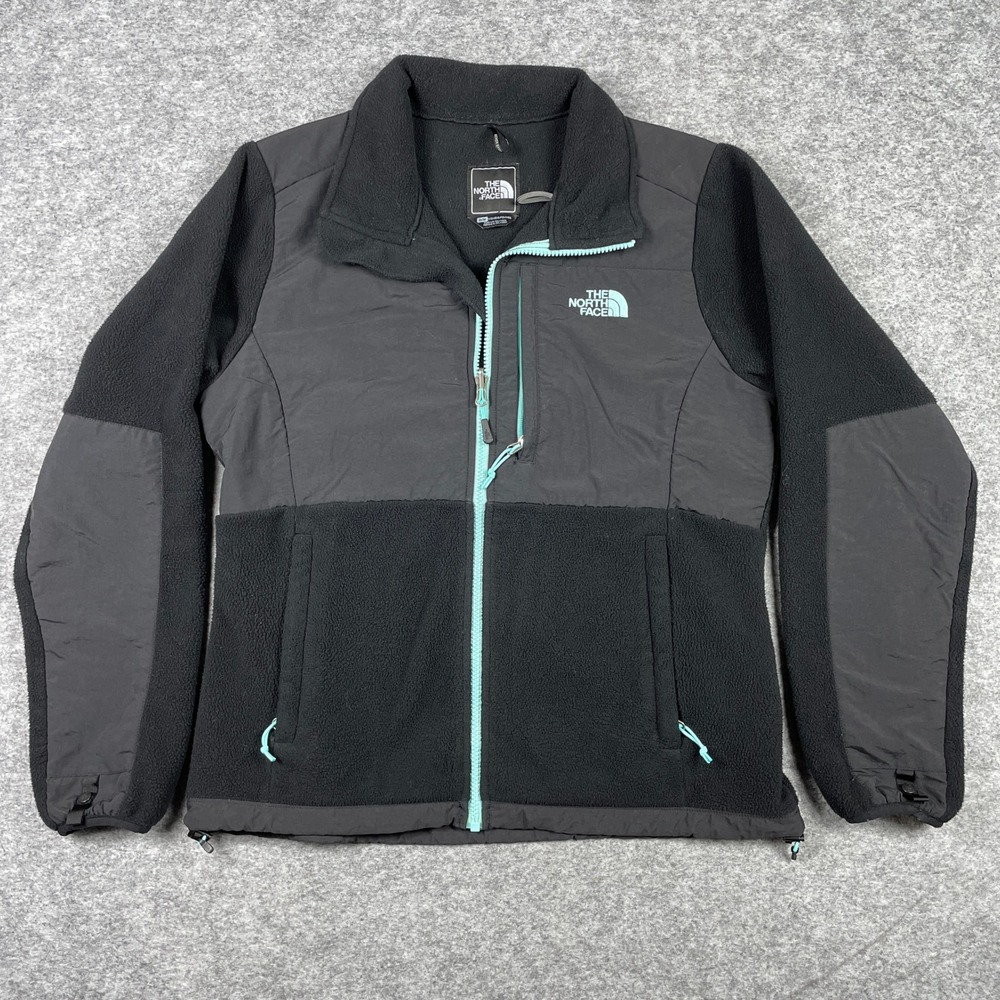 The North Face Denali Fleece Jacket Womens M Black Polartec Full Zip Teal Trim